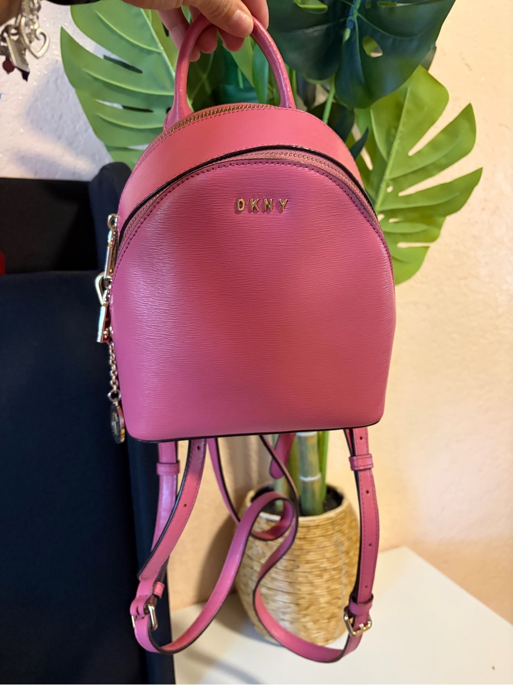DKNY Hot Pink Mini Leather Backpack with Gold Hardware